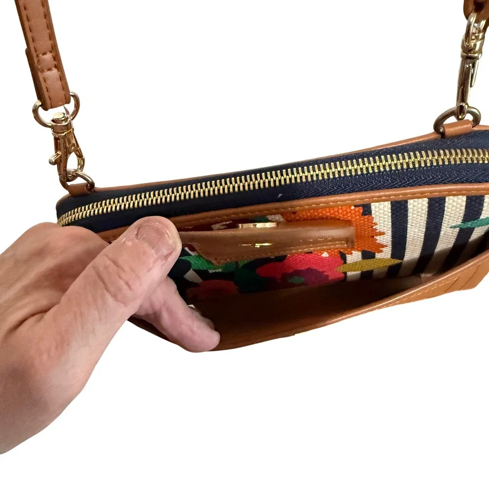 Spartina 449 Crossbody Wallet Floral Stripe Small Tan Good Canvas Mermaid Logo - Picture 9 of 12